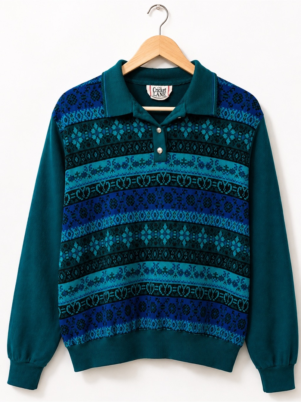 Fair Isle Polo Sweater Teal Blue Vintage 90s Large